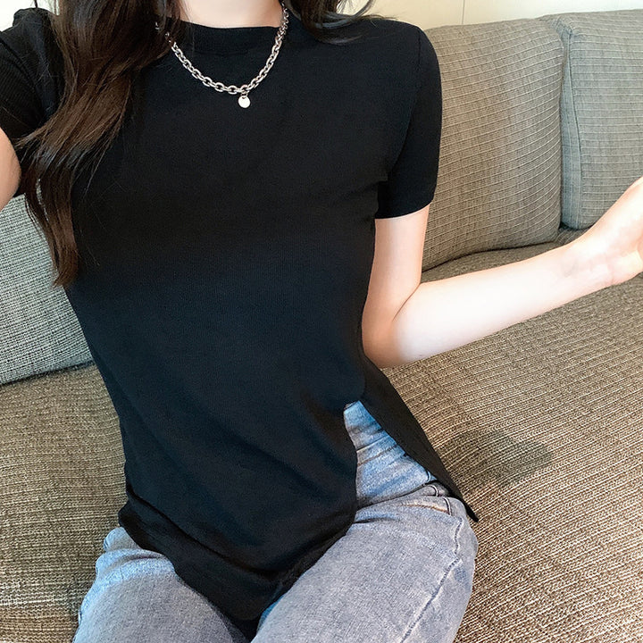 Kvinnors eleganta T-shirt med sidosplit och figursydd passform-Eva Jonsson