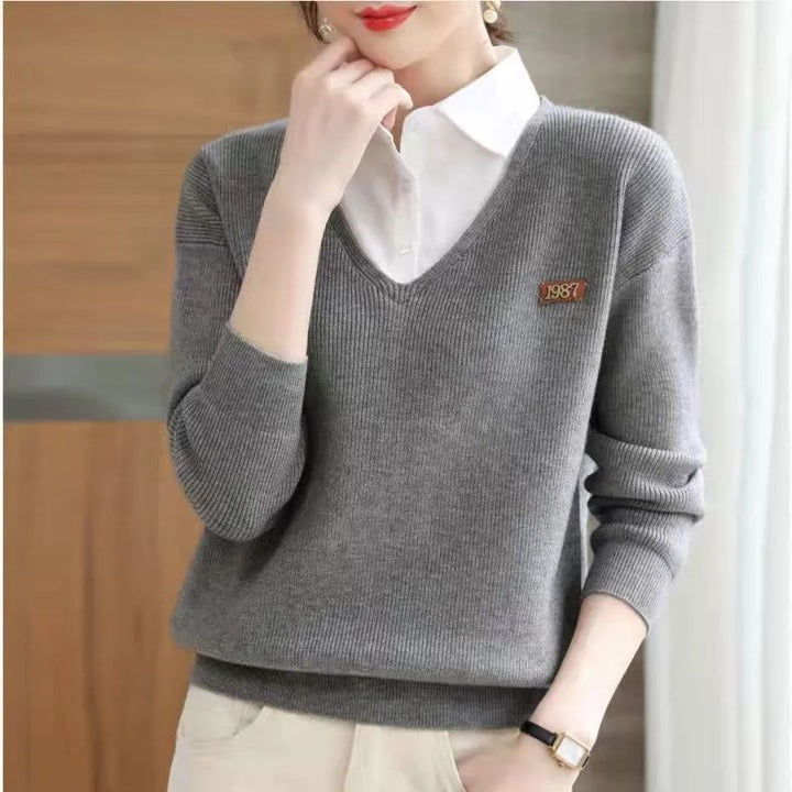 Kvinnors eleganta V-hals sweater med skjortkrage Mirla-Eva Jonsson
