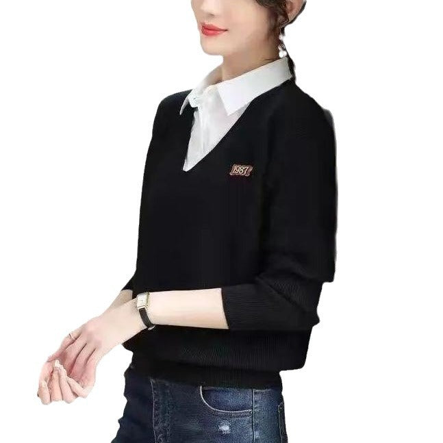 Kvinnors eleganta V-hals sweater med skjortkrage Mirla-Eva Jonsson