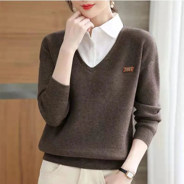 Kvinnors eleganta V-hals sweater med skjortkrage Mirla-Eva Jonsson