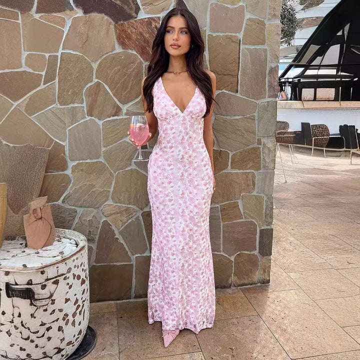 Kvinnors eleganta aftonklänning med blommönster och V-ringning-Eva Jonsson
