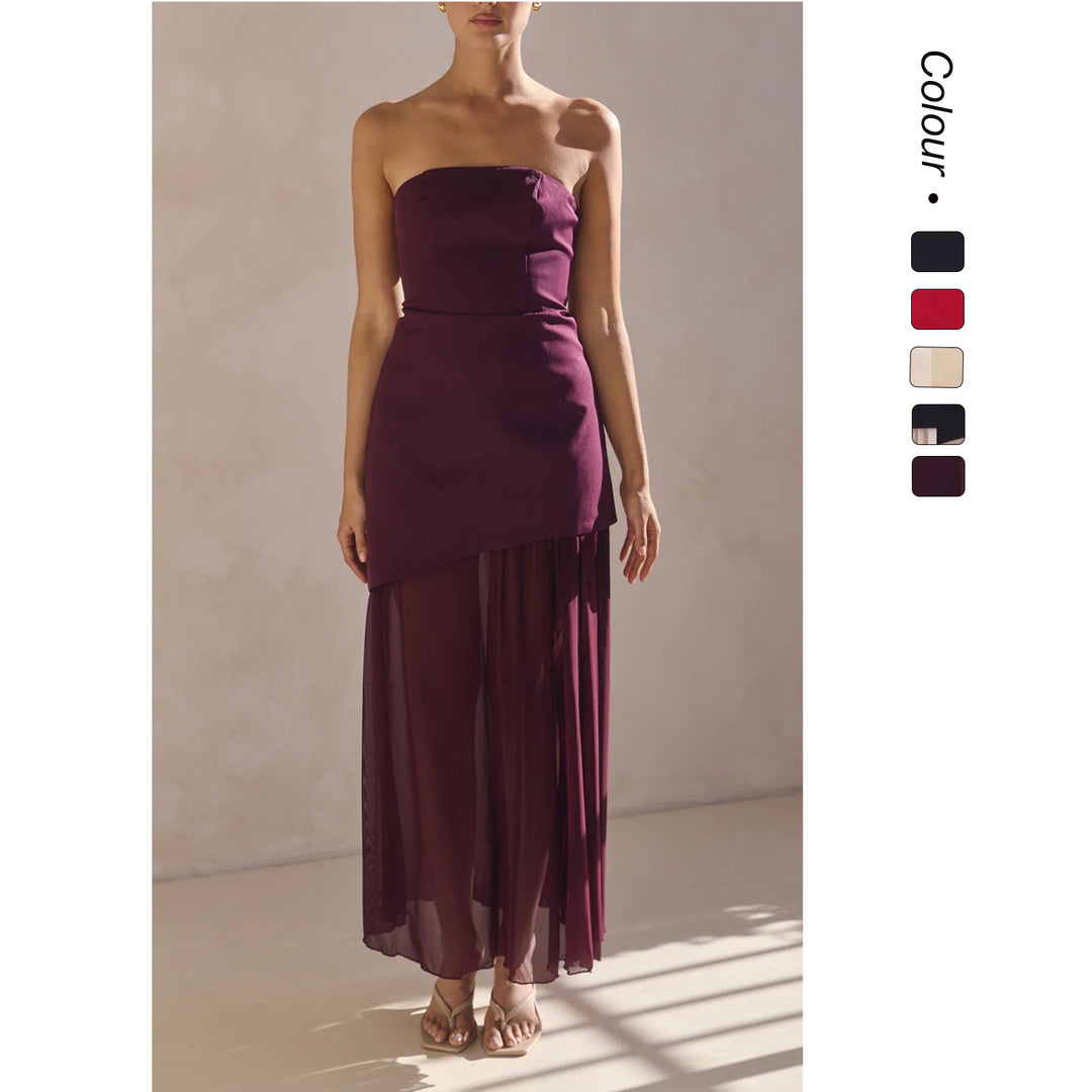 Kvinnors eleganta bandeau maxiklänning med flödande chiffongkjol och figurnära bodice-Eva Jonsson
