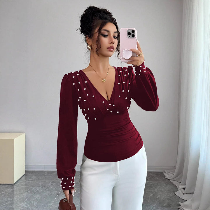 Kvinnors eleganta blus skjorta med V-hals och dekoration Mirla-Eva Jonsson