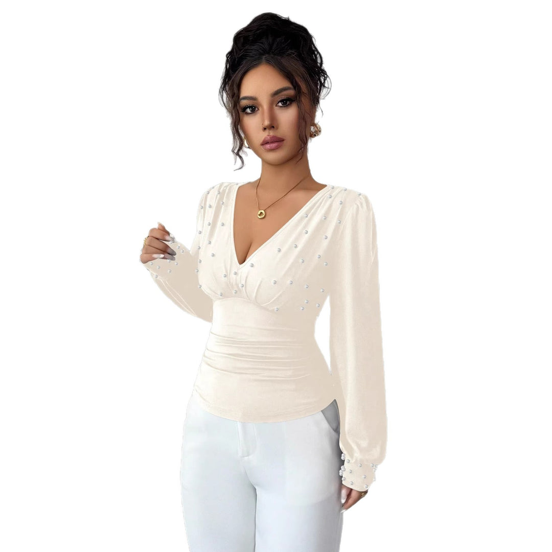 Kvinnors eleganta blus skjorta med V-hals och dekoration Mirla-Eva Jonsson