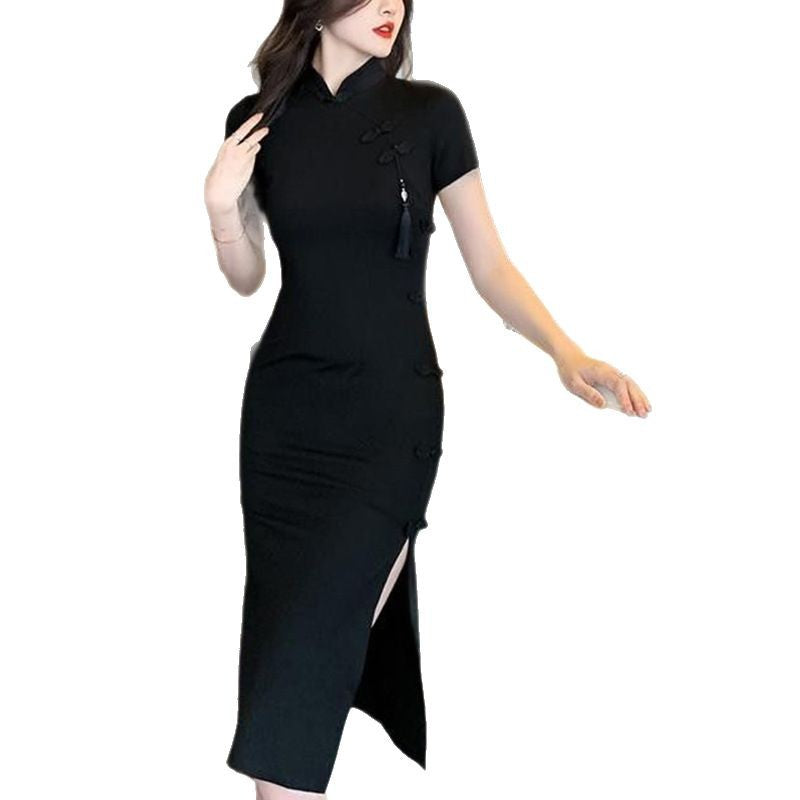 Kvinnors eleganta bodycon-klänning med hög slits och korta ärmar Mirla-Eva Jonsson