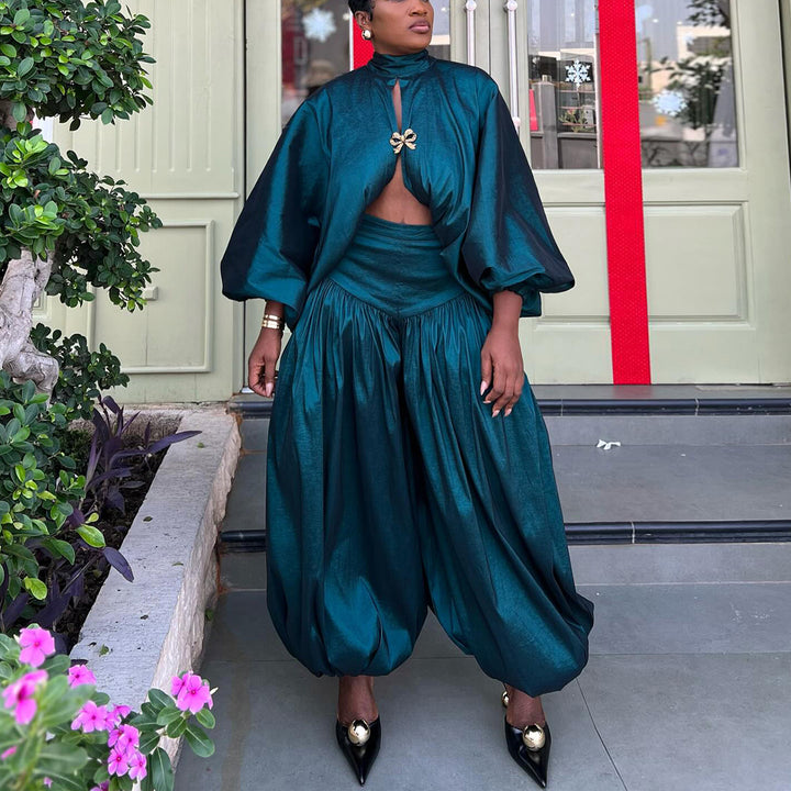 Kvinnors eleganta ensemble med rynk och bredsnitt topp-Eva Jonsson