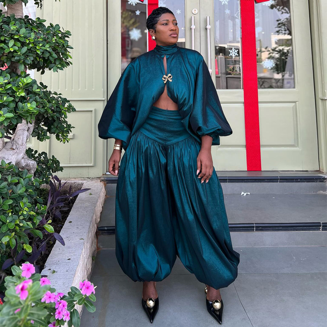 Kvinnors eleganta ensemble med rynk och bredsnitt topp-Eva Jonsson