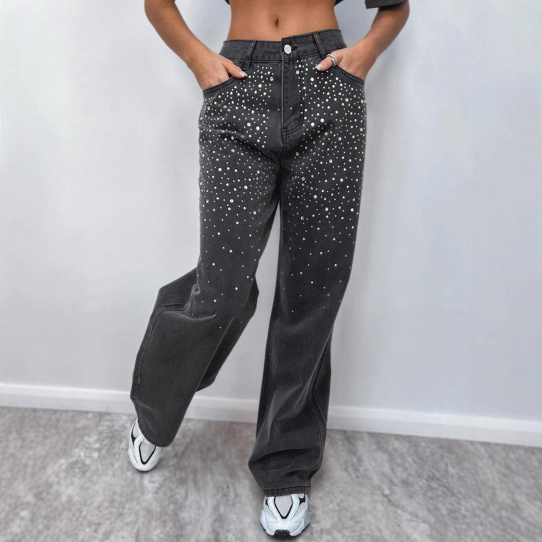 Kvinnors eleganta högmidjade jeans med glittrande detaljer Mirla-Eva Jonsson