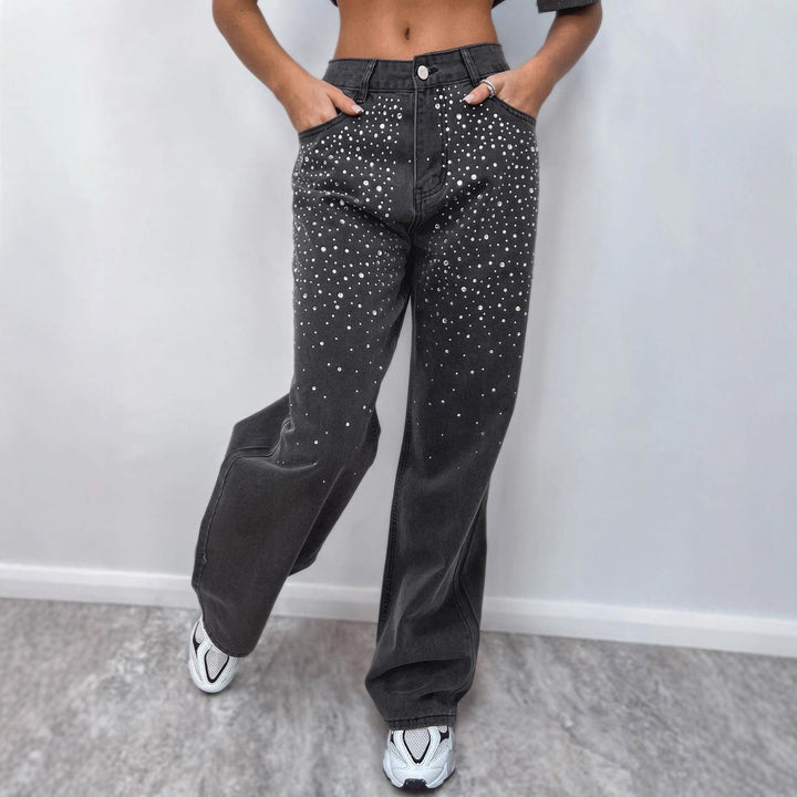 Kvinnors eleganta högmidjade jeans med glittrande detaljer Mirla-Eva Jonsson