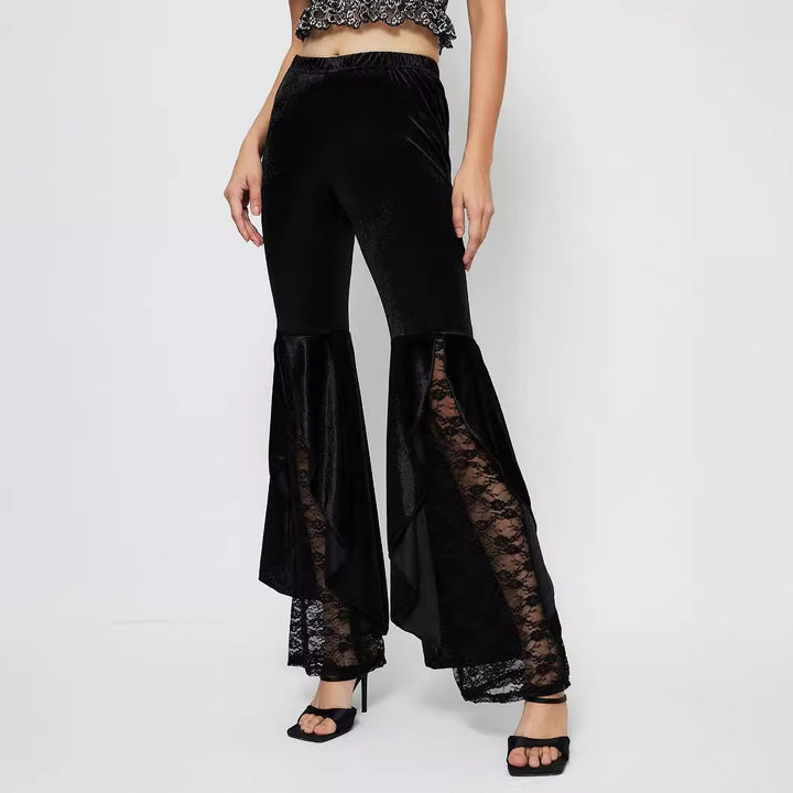 Kvinnors eleganta högmidjade palazzo-byxor med transparenta spetsinsatser Mirla-Eva Jonsson