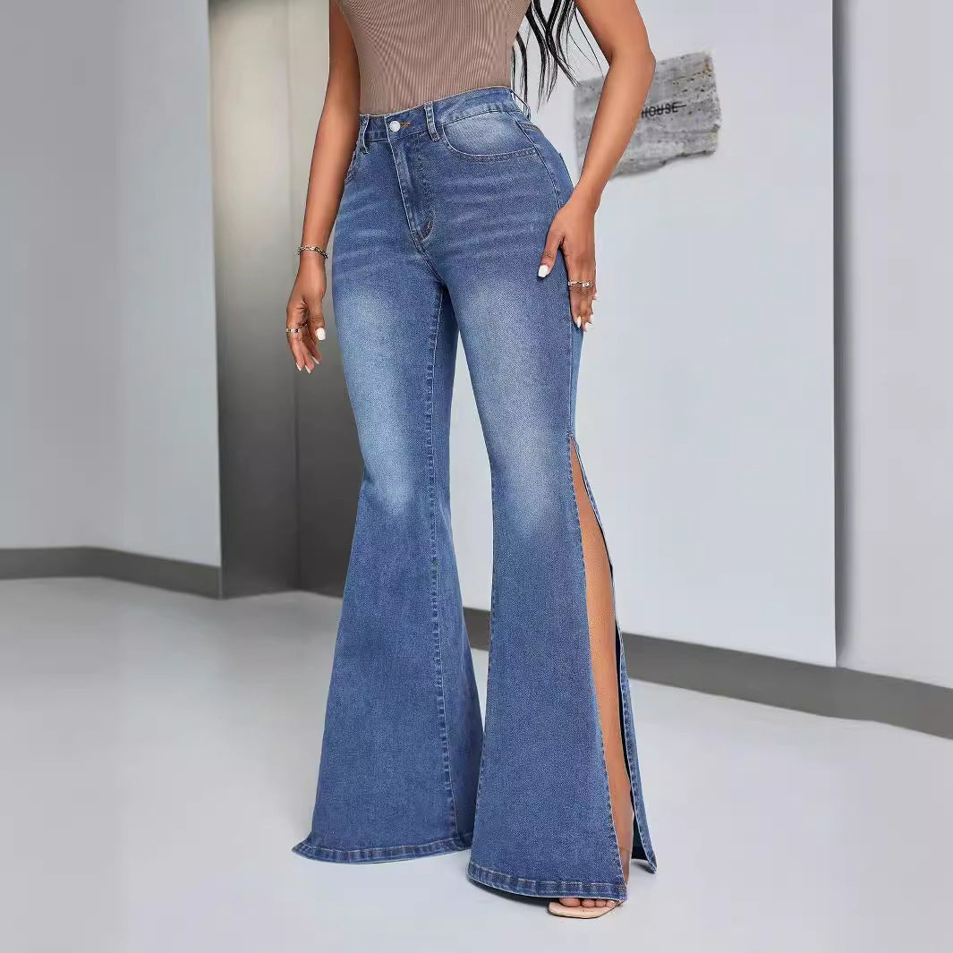 Kvinnors eleganta högmidjade utsvängda jeans med sidslitsar Mirla-Eva Jonsson