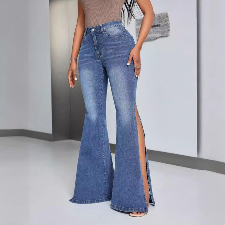 Kvinnors eleganta högmidjade utsvängda jeans med sidslitsar Mirla-Eva Jonsson
