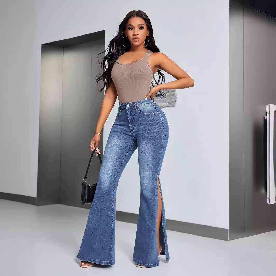 Kvinnors eleganta högmidjade utsvängda jeans med sidslitsar Mirla-Eva Jonsson