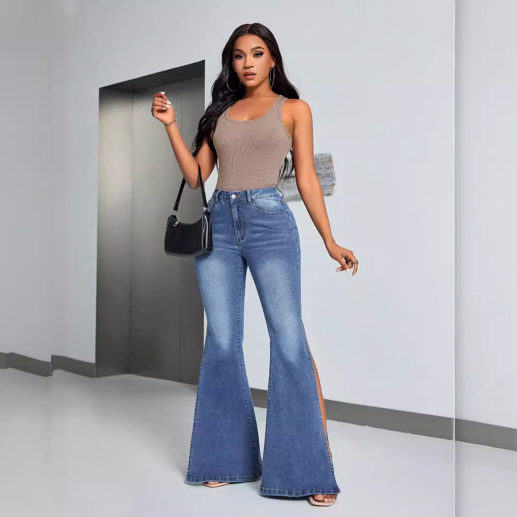 Kvinnors eleganta högmidjade utsvängda jeans med sidslitsar Mirla-Eva Jonsson