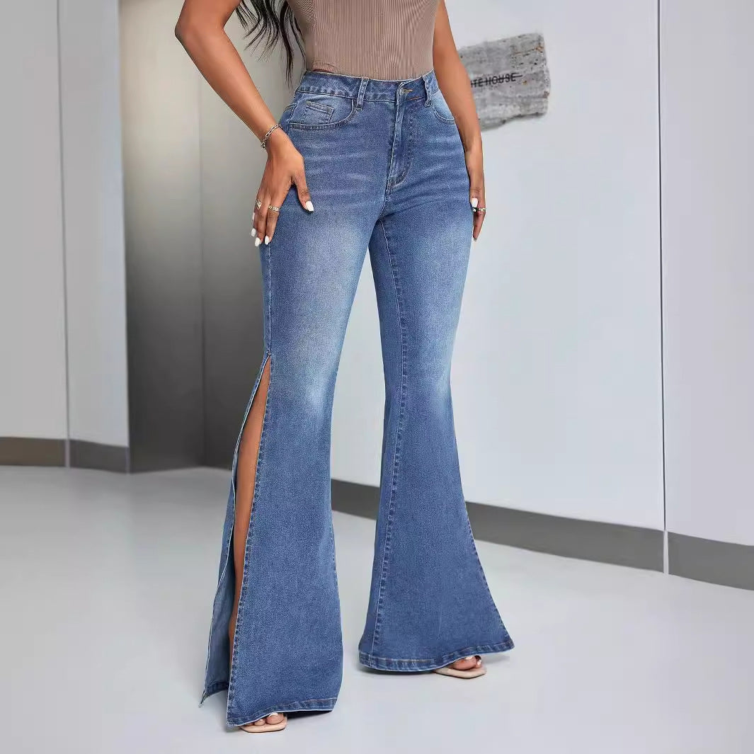 Kvinnors eleganta högmidjade utsvängda jeans med sidslitsar Mirla-Eva Jonsson