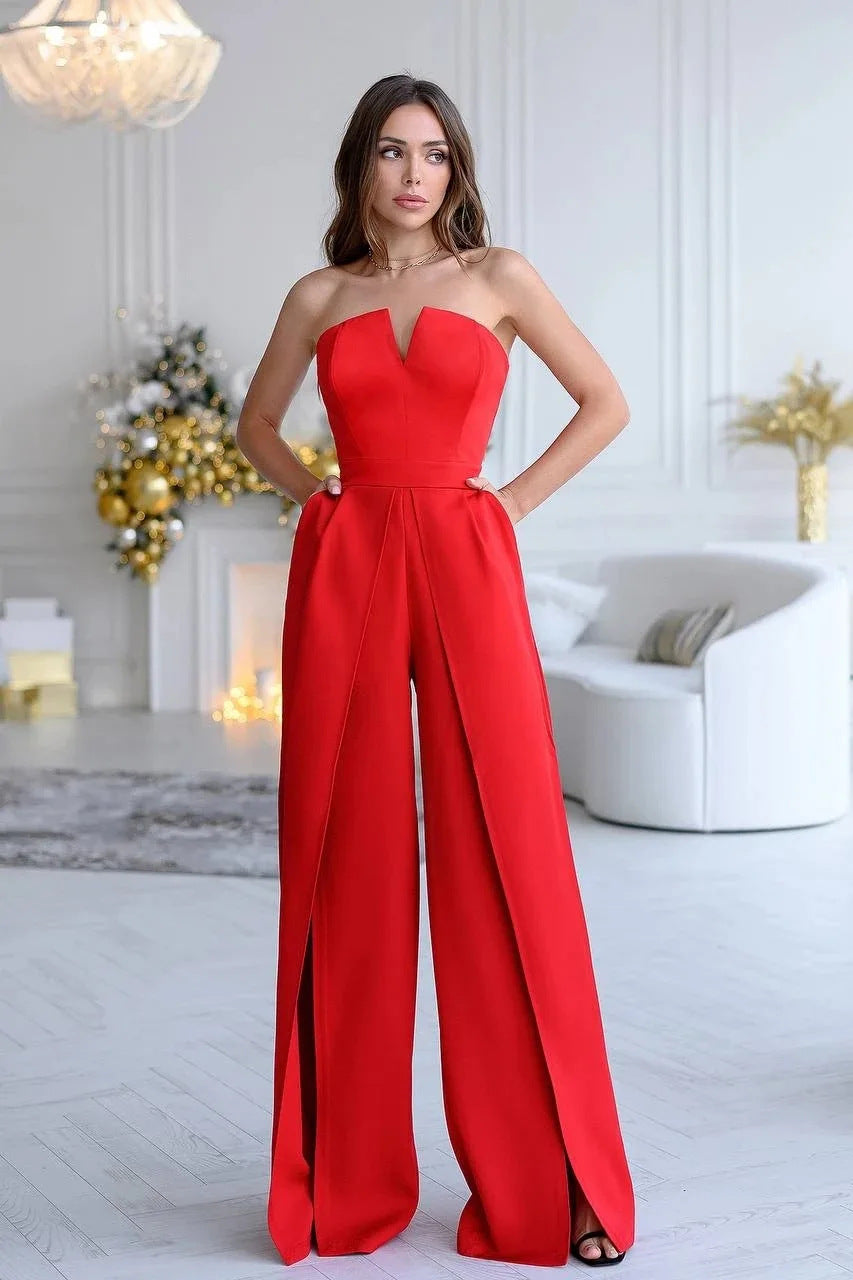 Kvinnors eleganta jumpsuit med djup V-hals och flödande bensömmar-Eva Jonsson