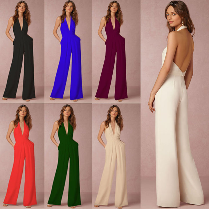 Kvinnors eleganta jumpsuit med djup V-ringning och vid ben siluett Mirla-Eva Jonsson