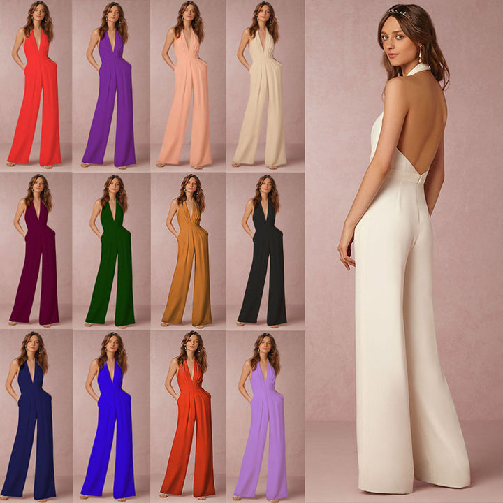 Kvinnors eleganta jumpsuit med djup V-ringning och vid ben siluett Mirla-Eva Jonsson