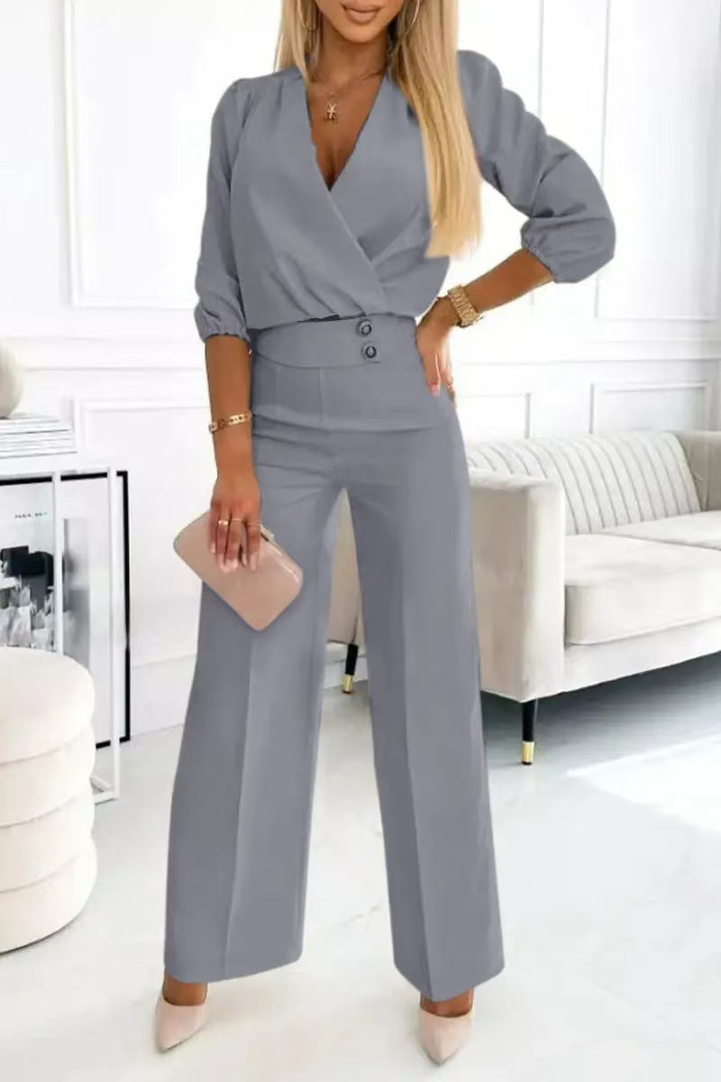 Kvinnors eleganta jumpsuit med omslagstopp och hög midja ben Mirla-Eva Jonsson