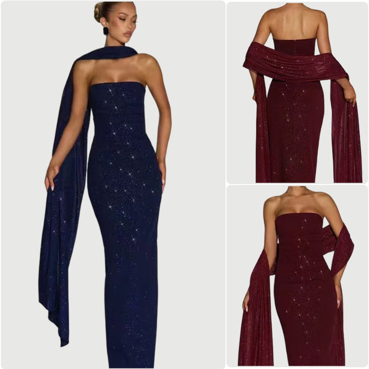 Kvinnors eleganta kvällsklänning med glittrande paljetter och off-shoulder design-Eva Jonsson