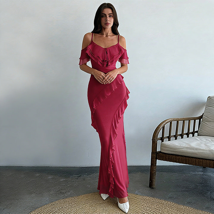 Kvinnors eleganta maxiklänning med asymmetrisk volangdesign-Eva Jonsson