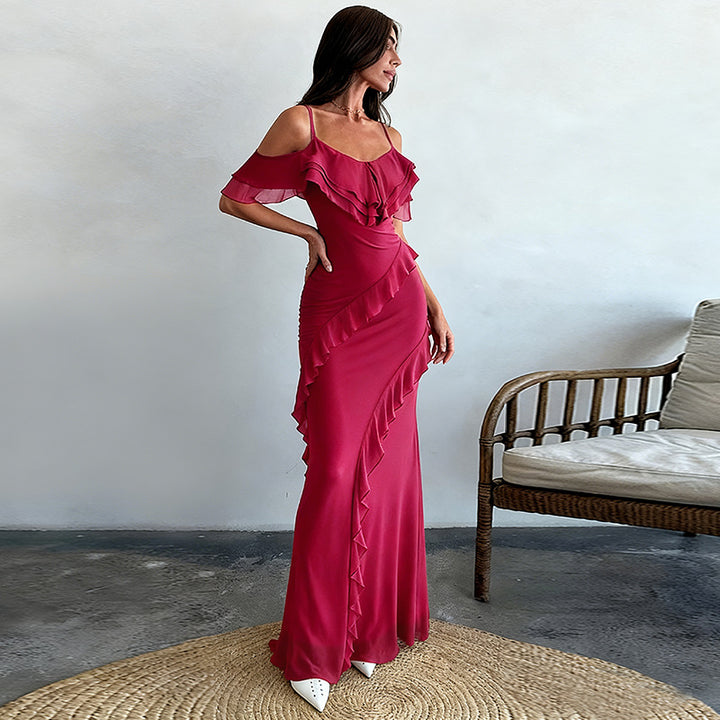 Kvinnors eleganta maxiklänning med asymmetrisk volangdesign-Eva Jonsson