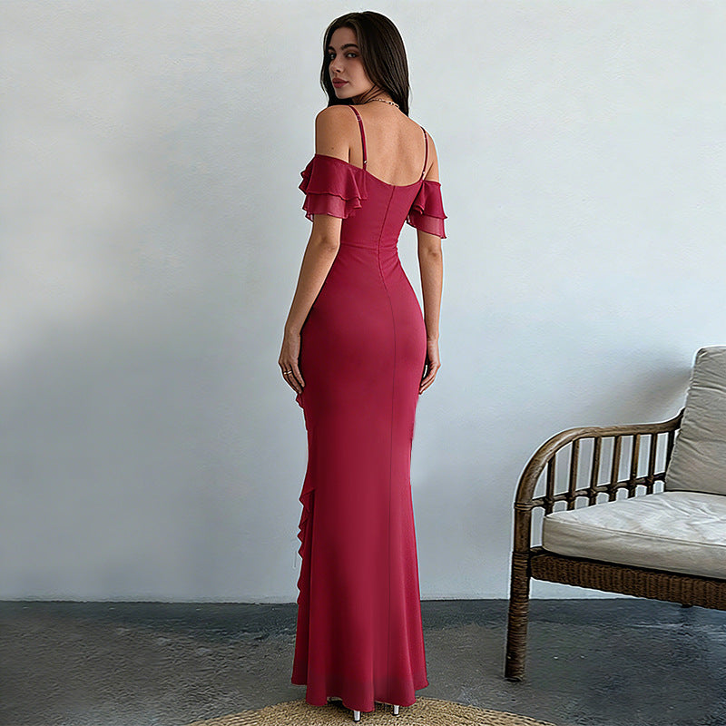 Kvinnors eleganta maxiklänning med asymmetrisk volangdesign-Eva Jonsson