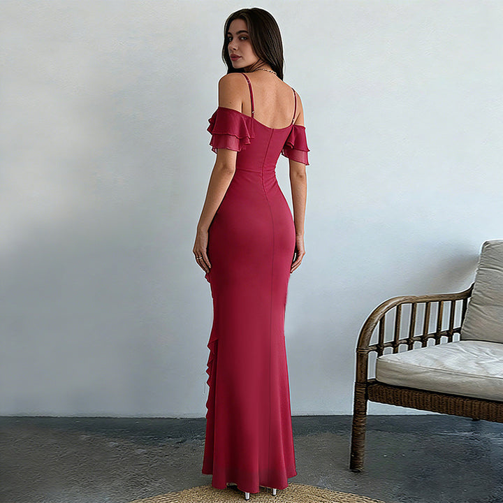 Kvinnors eleganta maxiklänning med asymmetrisk volangdesign-Eva Jonsson