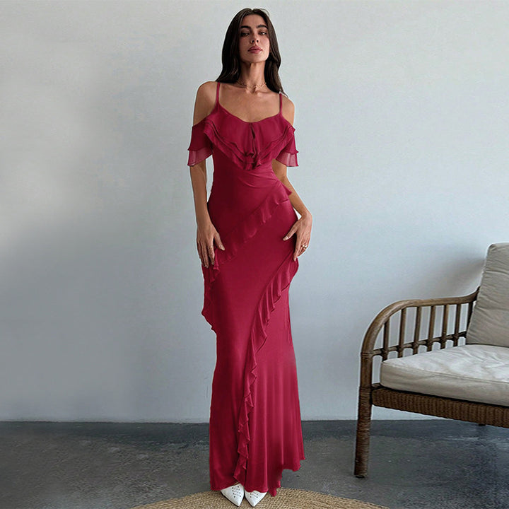 Kvinnors eleganta maxiklänning med asymmetrisk volangdesign-Eva Jonsson