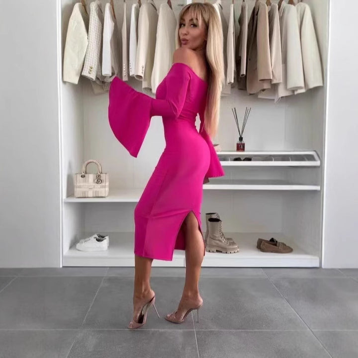 Kvinnors eleganta off-shoulder mini-klänning med voluminösa ärmar och hög slits Mirla-Eva Jonsson
