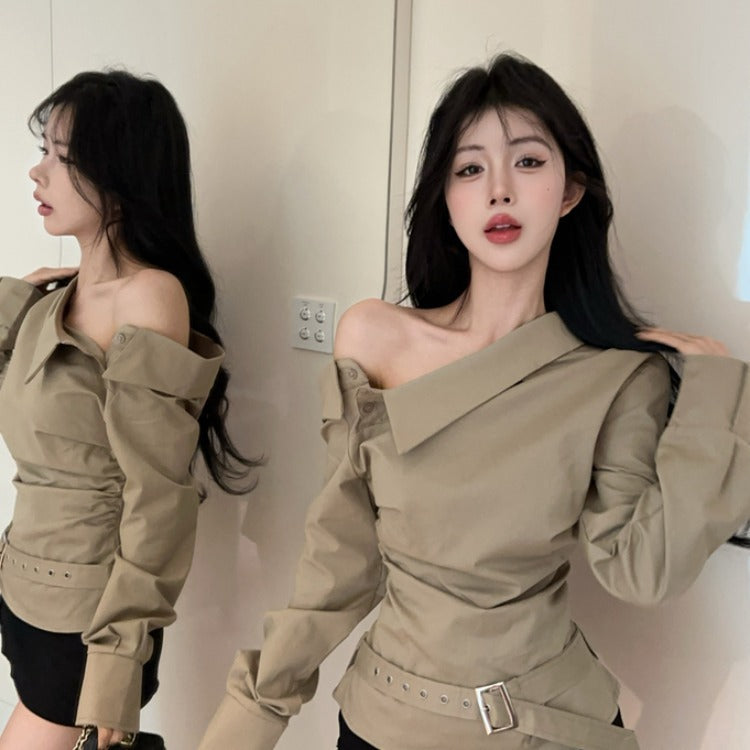Kvinnors eleganta off-shoulder topp med dekorativt bälte Mirla-Eva Jonsson