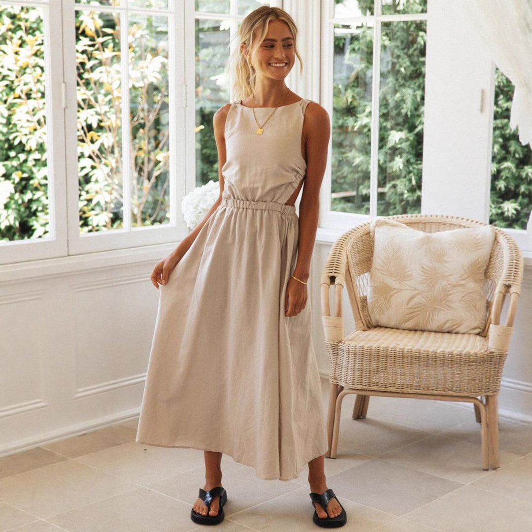 Kvinnors eleganta sommar maxi klänning med sofistikerad skärning och justerbar midjeresår Mirla-Eva Jonsson