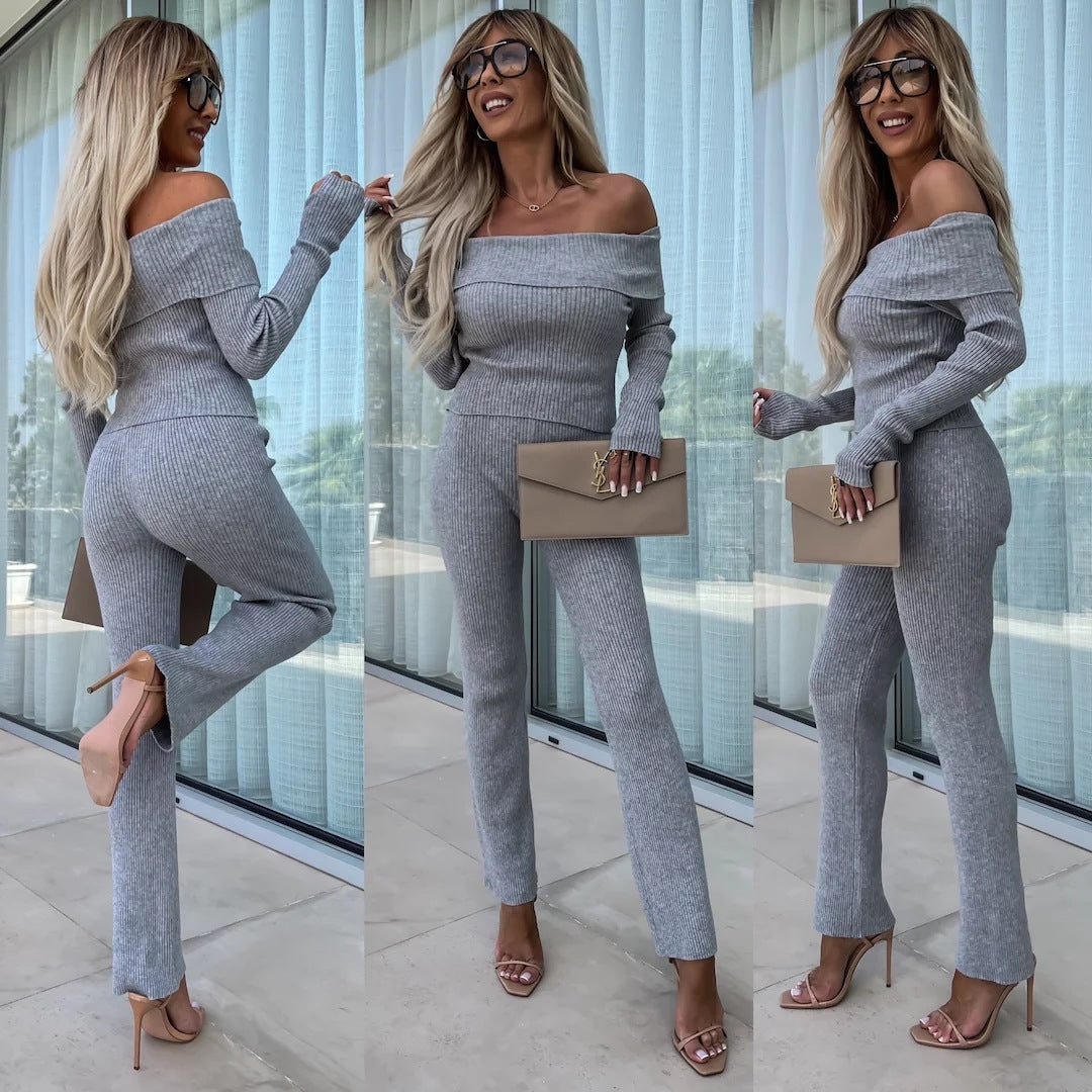 Kvinnors eleganta stickade jumpsuit med off-shoulder design och vida ben Mirla-Eva Jonsson