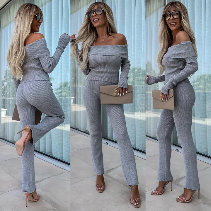 Kvinnors eleganta stickade jumpsuit med off-shoulder design och vida ben Mirla-Eva Jonsson