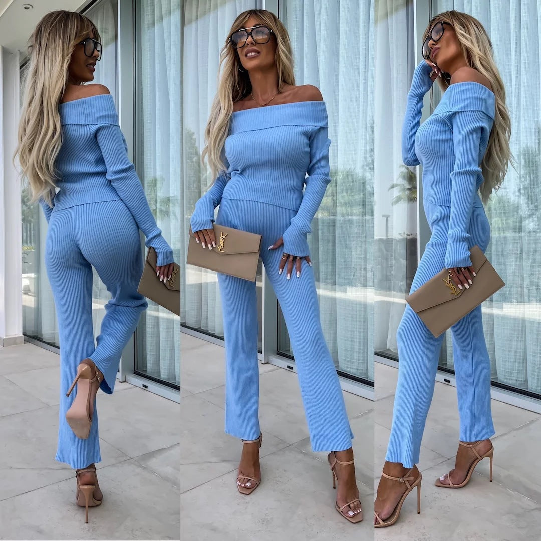 Kvinnors eleganta stickade jumpsuit med off-shoulder design och vida ben Mirla-Eva Jonsson