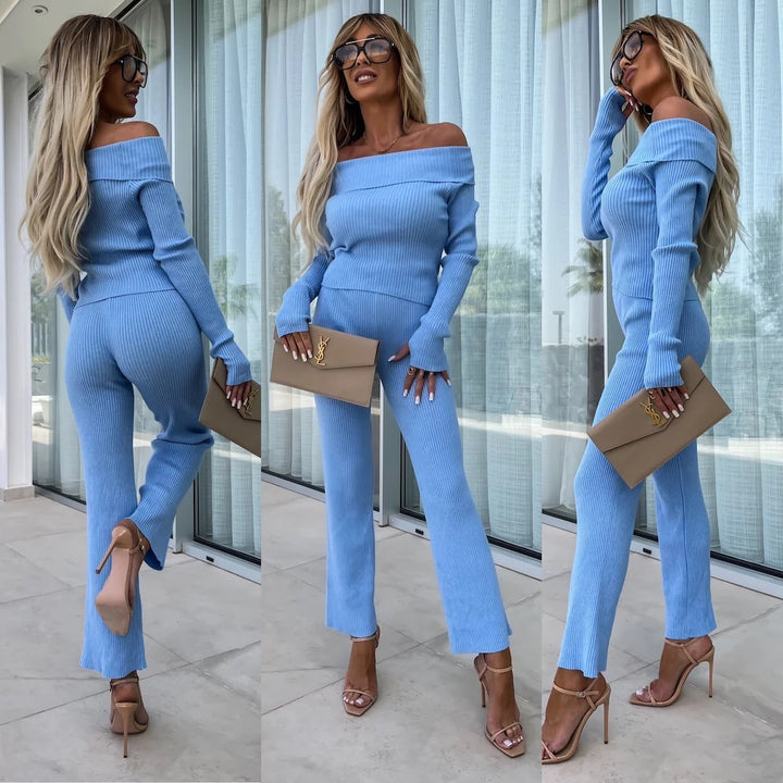 Kvinnors eleganta stickade jumpsuit med off-shoulder design och vida ben Mirla-Eva Jonsson