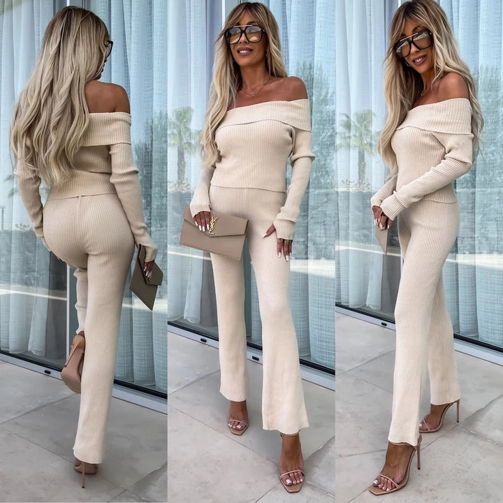 Kvinnors eleganta stickade jumpsuit med off-shoulder design och vida ben Mirla-Eva Jonsson