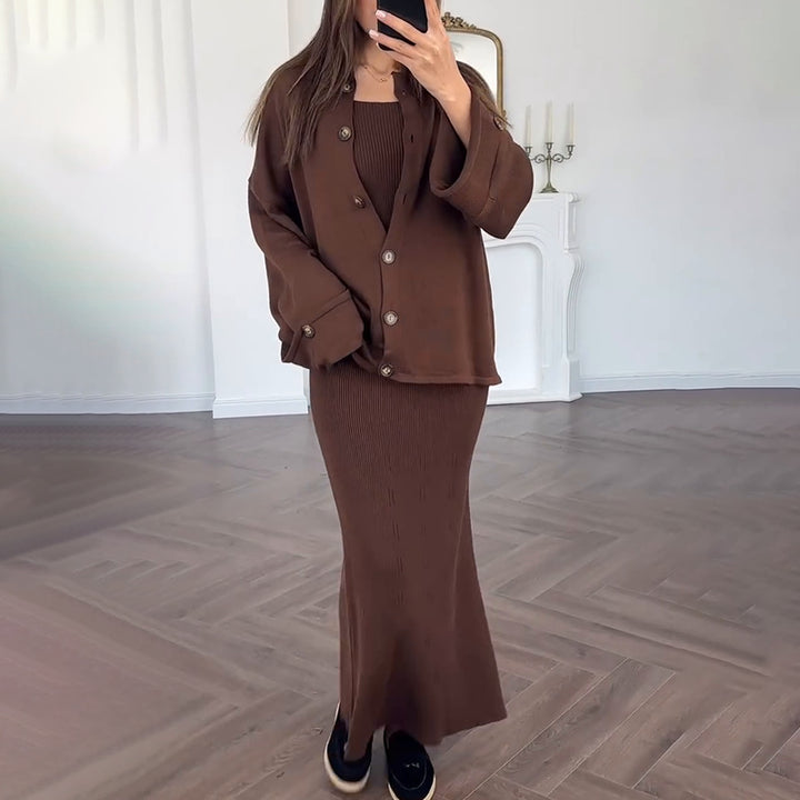 Kvinnors eleganta stickade klänning med matchande cardigan wrap Mirla-Eva Jonsson