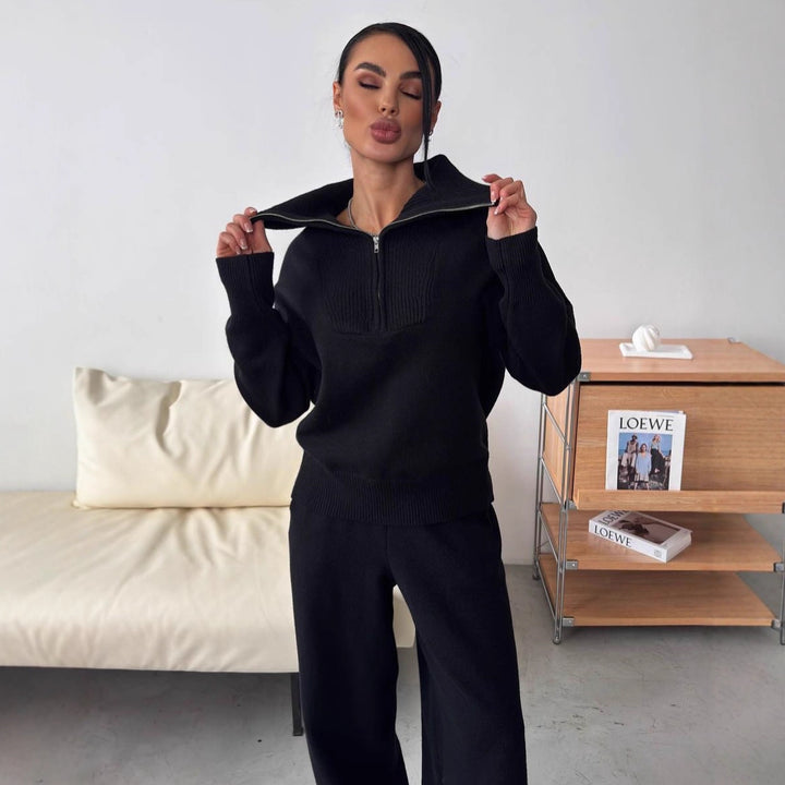 Kvinnors eleganta stickade pullover med halv dragkedja och vida byxor Eva Jonsson-Eva Jonsson
