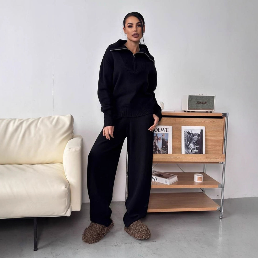 Kvinnors eleganta stickade pullover med halv dragkedja och vida byxor Eva Jonsson-Eva Jonsson