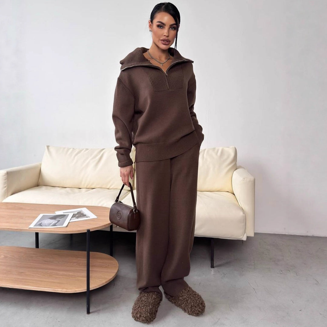 Kvinnors eleganta stickade pullover med halv dragkedja och vida byxor Eva Jonsson-Eva Jonsson