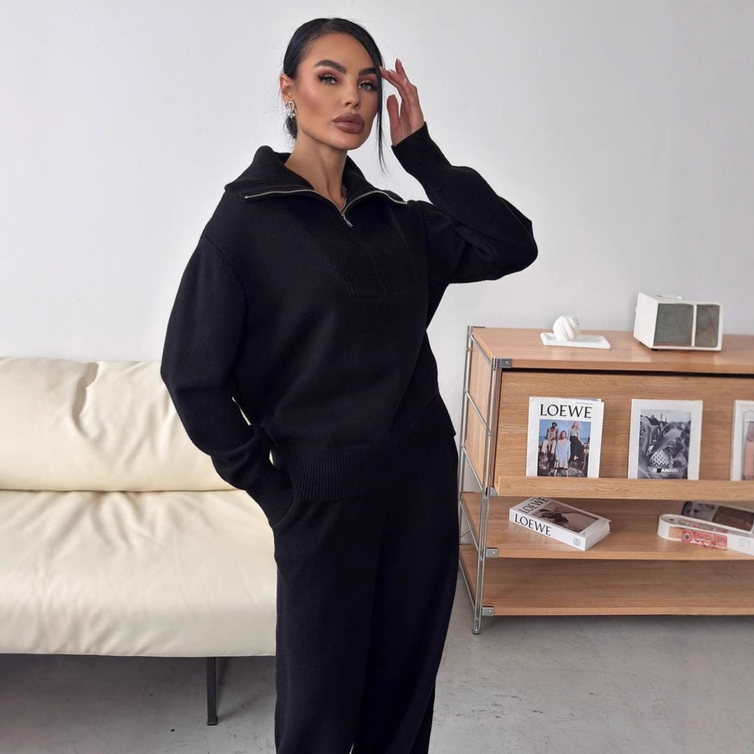 Kvinnors eleganta stickade pullover med halv dragkedja och vida byxor Eva Jonsson-Eva Jonsson