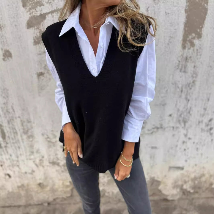 Kvinnors eleganta stickade väst med V-ringning och fina ribbdetaljer Mirla-Eva Jonsson