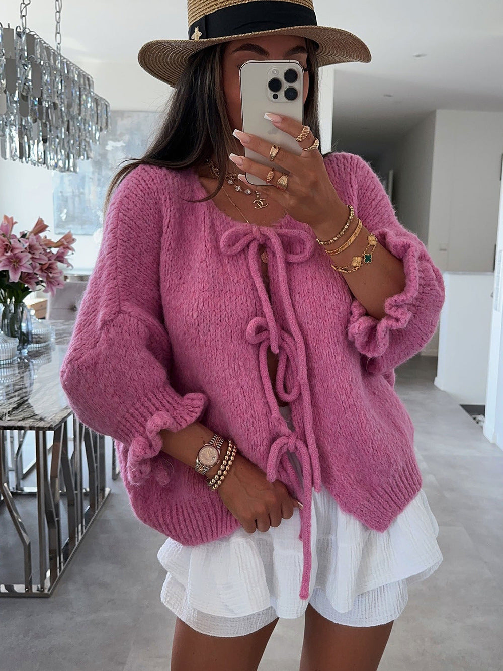 Kvinnors fashionabla cardigan med dekorativ dragsko och luftig passform Mirla-Eva Jonsson