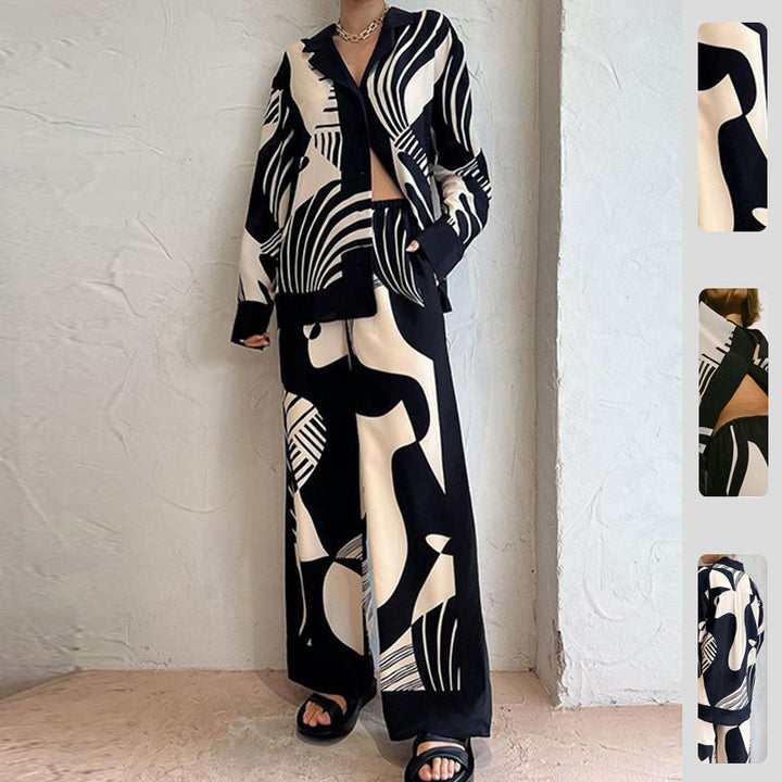 Kvinnors fashionabla tygensemble med grafiskt mönster Mirla-Eva Jonsson