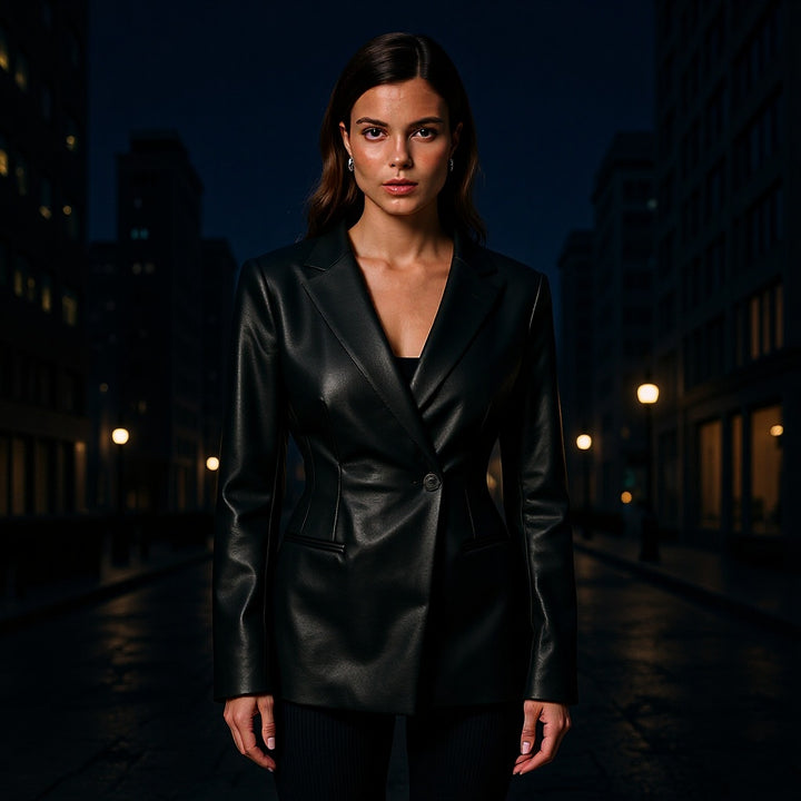 Kvinnors faux läder blazerjacka med subtila fickor och modern passform Mirla-Eva Jonsson