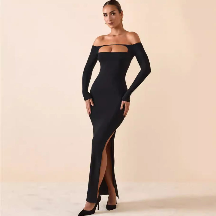 Kvinnors figurnära långärmad klänning med utskuren design och off-shoulder stil-Eva Jonsson