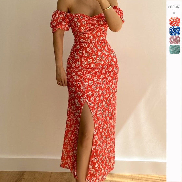 Kvinnors figurnära maxi klänning med blommönster och av-axel design Mirla-Eva Jonsson