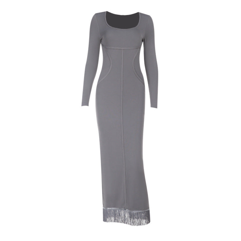 Kvinnors figurnära sweatdress med långa ärmar och elegant fyrkantig halsringning-Eva Jonsson