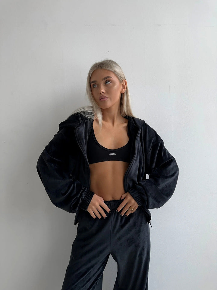 Kvinnors fleece joggdräkt med huva och lös passform-Eva Jonsson